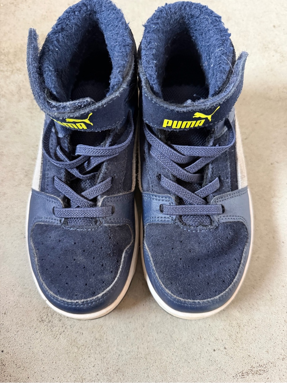 Puma Kids Navy High-Top Sneakers with Yellow Logo